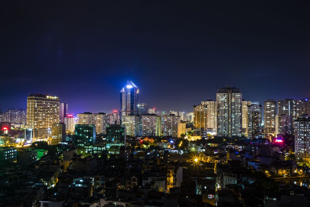 The glowing Hanoi skyline at night