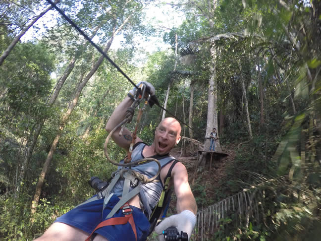 Brent zipping out from the treehouse