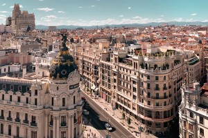 A view of Madrid's iconic Gran Via from above.