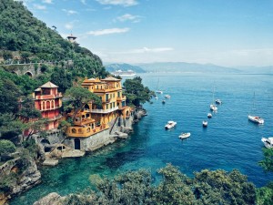 A view of Portofino Italy's seaside cliffs from above.