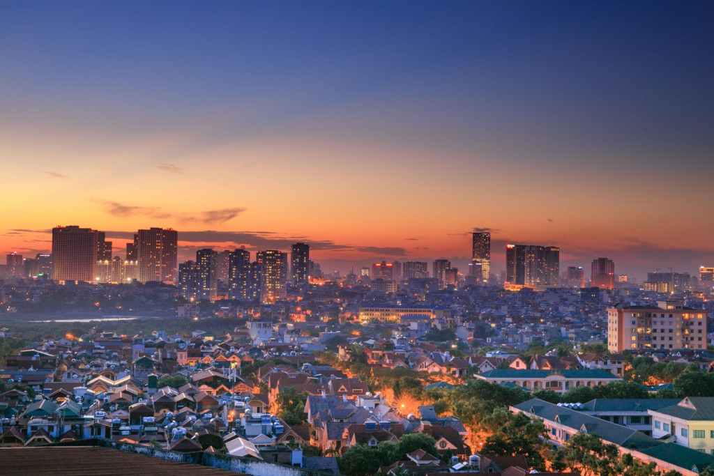 The Hanoi skyline at sunset